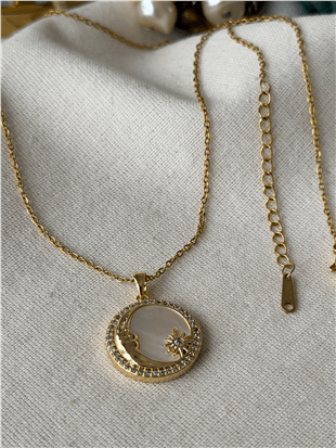 Çelik Sedefli Ay ve Yıldız Plaka Kolye