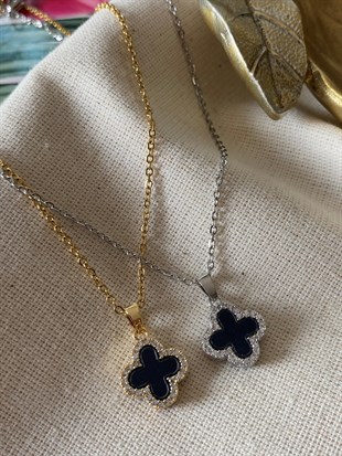 Çelik Siyah Taşlı Kolye