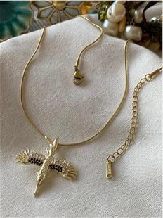 Çelik Siyah Taşlı Kuş Charmlı Kolye