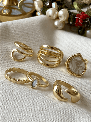 Çoklu Gold Karışık Desenli Yüzük Seti