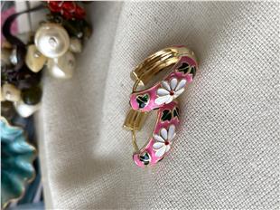 Fuşya Çiçekli Mineli Halka Küpe