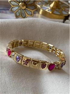 Fuşya Taşlı Yıldız ve Kalp Desenli Esnek Bileklik