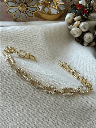 Gold Taşlı Oval Zincir Bileklik