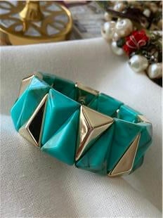 Gold Üçgen Plaka Detaylı Turkuaz Geniş Esnek Bileklik