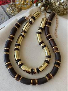 İkili Gold Plaka Detaylı Tahta Kolye