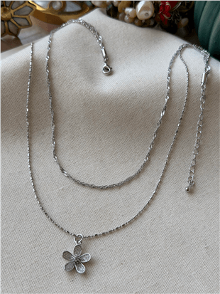 İkili Silver Çiçek Charmlı Kolye