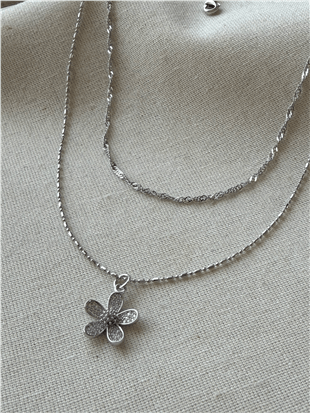 İkili Silver Çiçek Charmlı Kolye