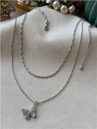 İkili Silver Kelebek Charmlı Kolye