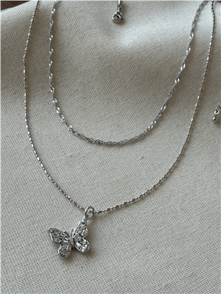 İkili Silver Kelebek Charmlı Kolye