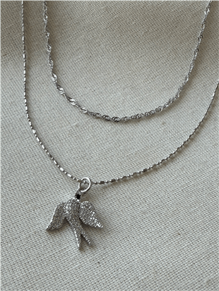 İkili Silver Kuş Charmlı Kolye
