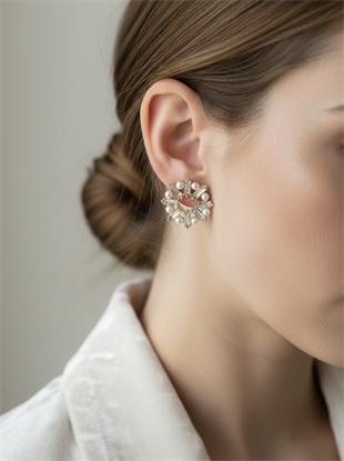 İnci Detaylı Kesme Taşlı Daire Küpe