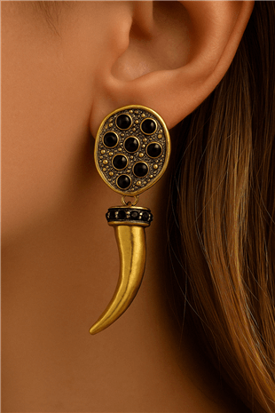 Marka Model Siyah Taşlı Boynuz Küpe