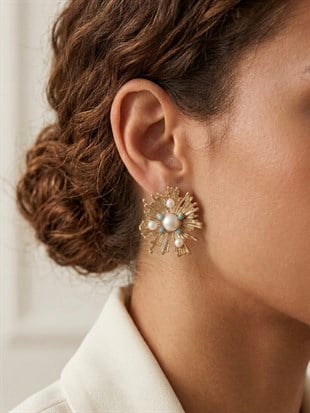 Mavi Taşlı İncili Plaka Küpe