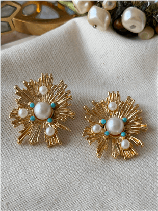 Mavi Taşlı İncili Plaka Küpe