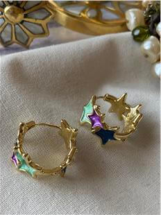 Mor Yeşil Mineli Yıldızlar Halka Küpe