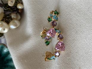 Renkli Kalp Taşlı Halka Küpe