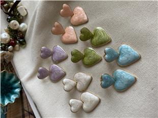 Renkli Mineli Çift Kalp Küpe