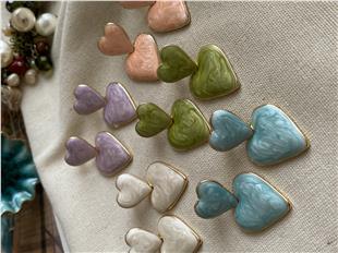 Renkli Mineli Çift Kalp Küpe