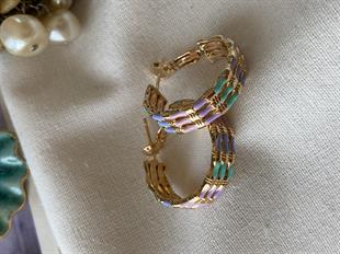 Renkli Mineli Üç Sıra Halka Küpe