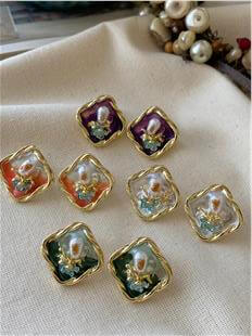 Renkli Oval Model Vintage Rose Küpe