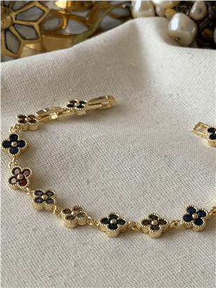 Renkli Taşlı Gold Cleef Bileklik