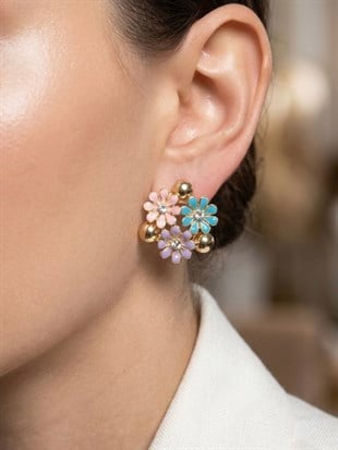 Taşlı Karışık Renkli Çiçekler Küpe