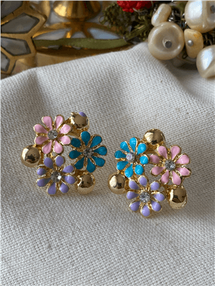 Taşlı Karışık Renkli Çiçekler Küpe