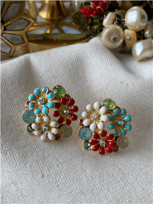 Taşlı Kırmızı Mavi Çiçekler Küpe