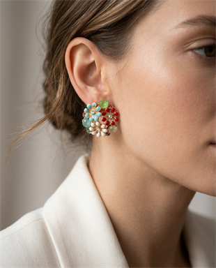 Taşlı Kırmızı Mavi Çiçekler Küpe