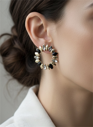 Taşlı Siyah Mineli  Çelenk Küpe