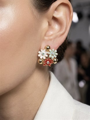 Taşlı Yeşil Kırmızı Çiçek Küpe