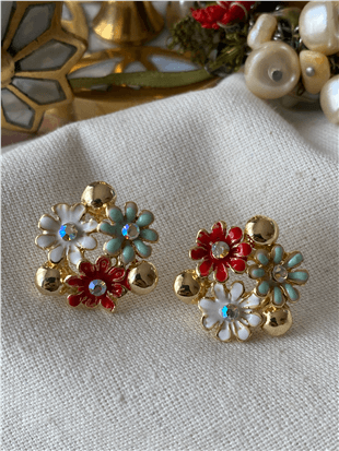 Taşlı Yeşil Kırmızı Çiçek Küpe