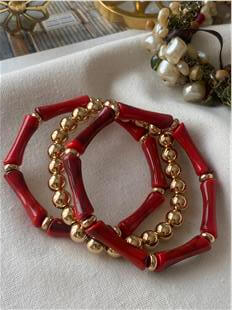 Üçlü Kırmızı Dorika Detaylı Esnek Bileklik