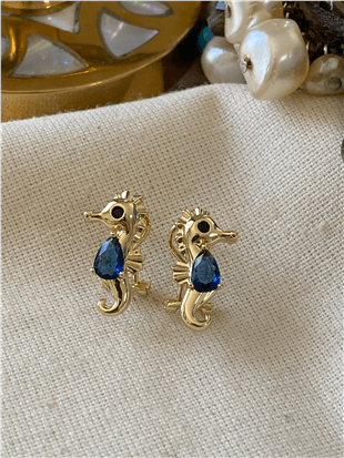 VIP 14K Mavi Taşlı Denizatı Küpe