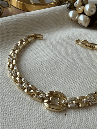 VIP 14K Plaka Detaylı Taşlı Zincir Bileklik