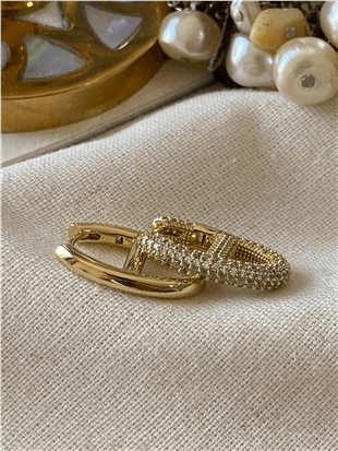 VIP 14K Taşlı Hatlı Oval Küpe
