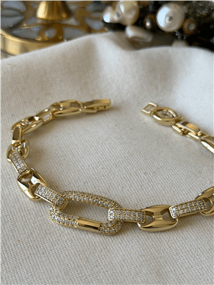 VIP 14K Taşlı Oval Detaylı Düğme Zincir Bileklik