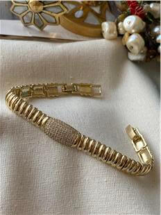 VIP 14K Taşlı Plaka Detaylı Çizgili Bileklik