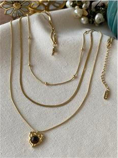 VIP 14K Üçlü Kahverengi Taşlı Kalp Charmlı Kolye