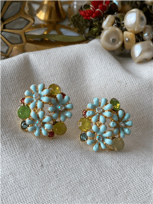 Yeşil Taşlı Mavi Çiçekler Küpe