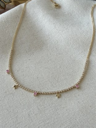 Yıldızlı Pembe Taşlı Yarı Suyolu Kolye