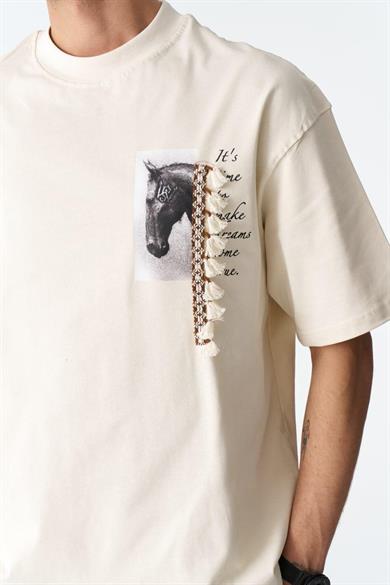 0 Yaka İt's Time At Baskı Püskül Detay Erkek  Oversize T-Shirt