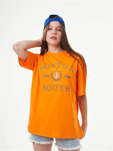 Orange Bisiklet Yaka Nakış Boston Yazı Baskılı T-shirt