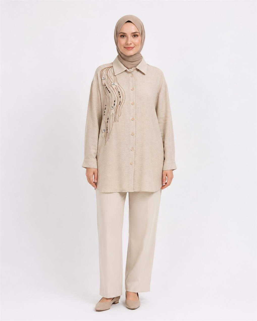 25Y8098 LEVİN KETEN BASKILI YAPRAKLI GÖMLEK 38-44