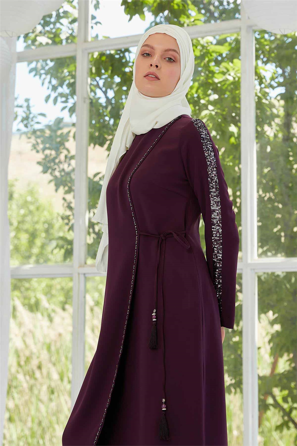 Sitare 2'li Kenarı İşlemeli Pantolonlu Takım 20Y414- Mürdüm