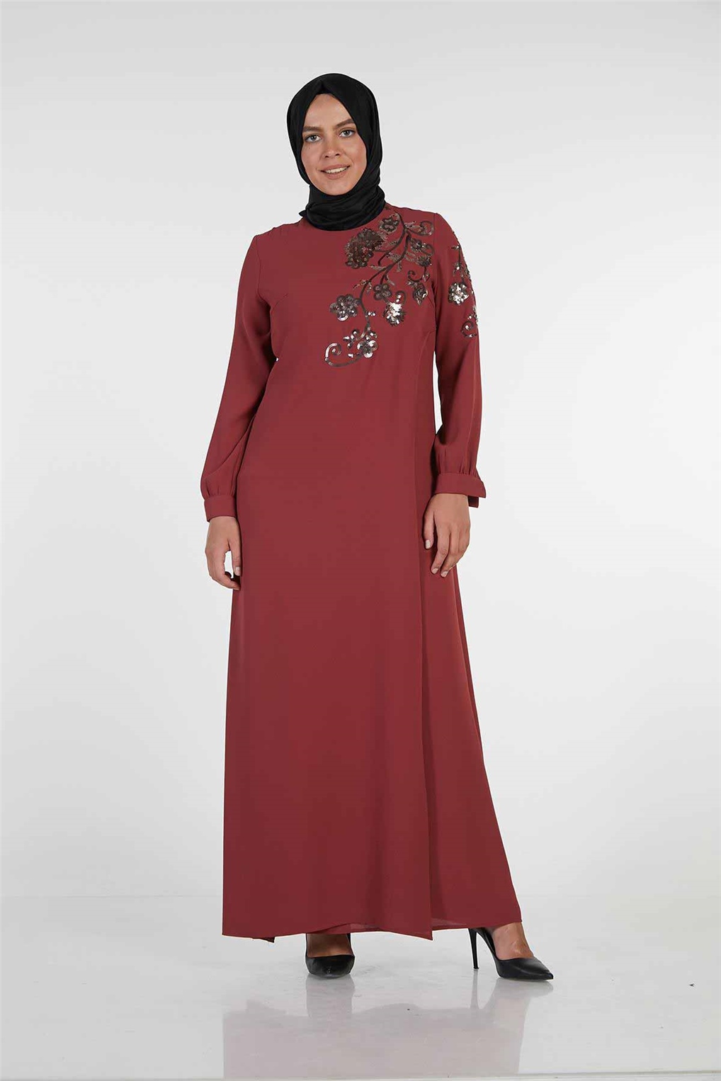 Sitare Çiçekli Payet Nakışlı Elbise 19Y2523- Gül Kurusu - Sitare