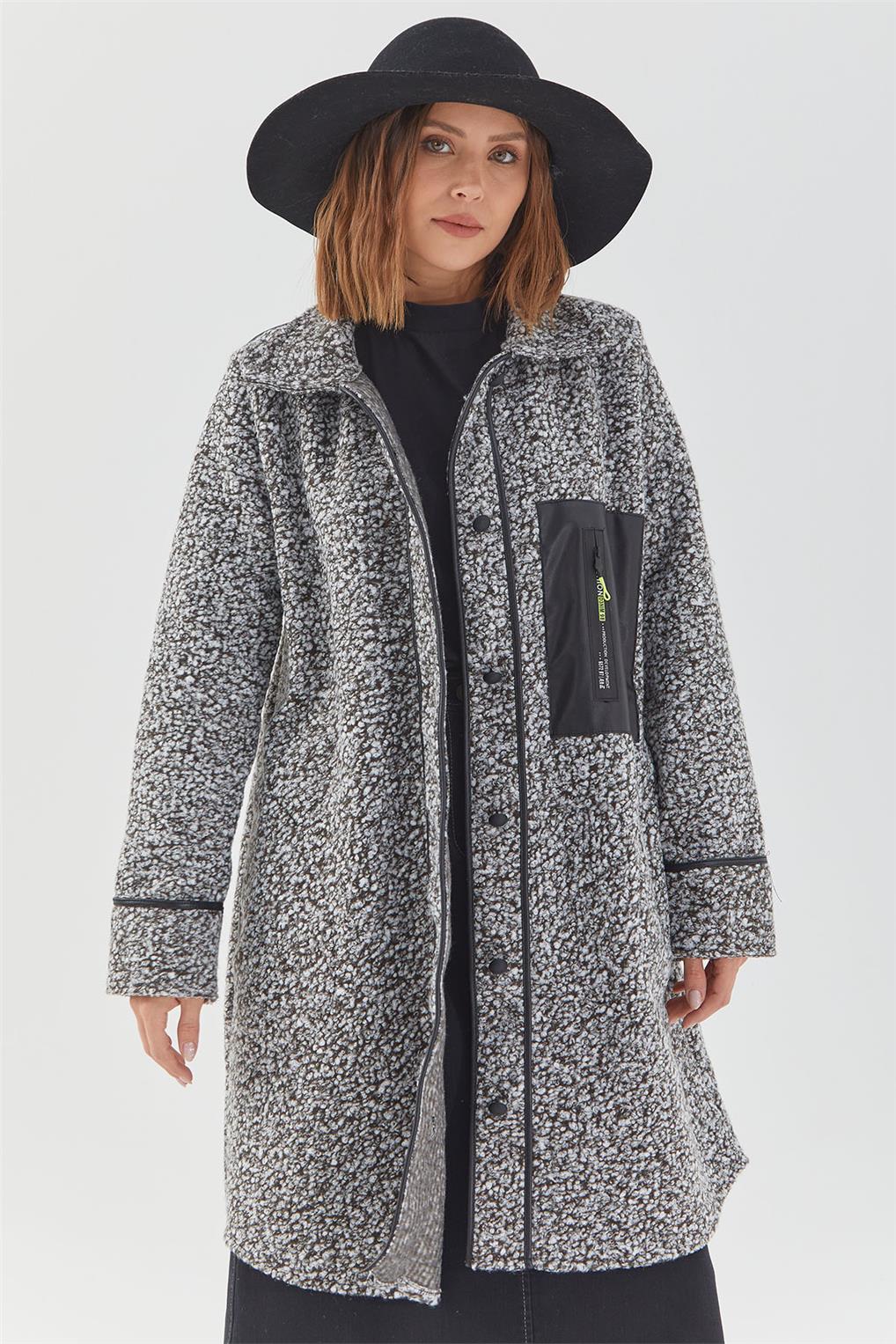 SİTARE DERİ BİYELİ PELUŞ CEKET 9604- Gri