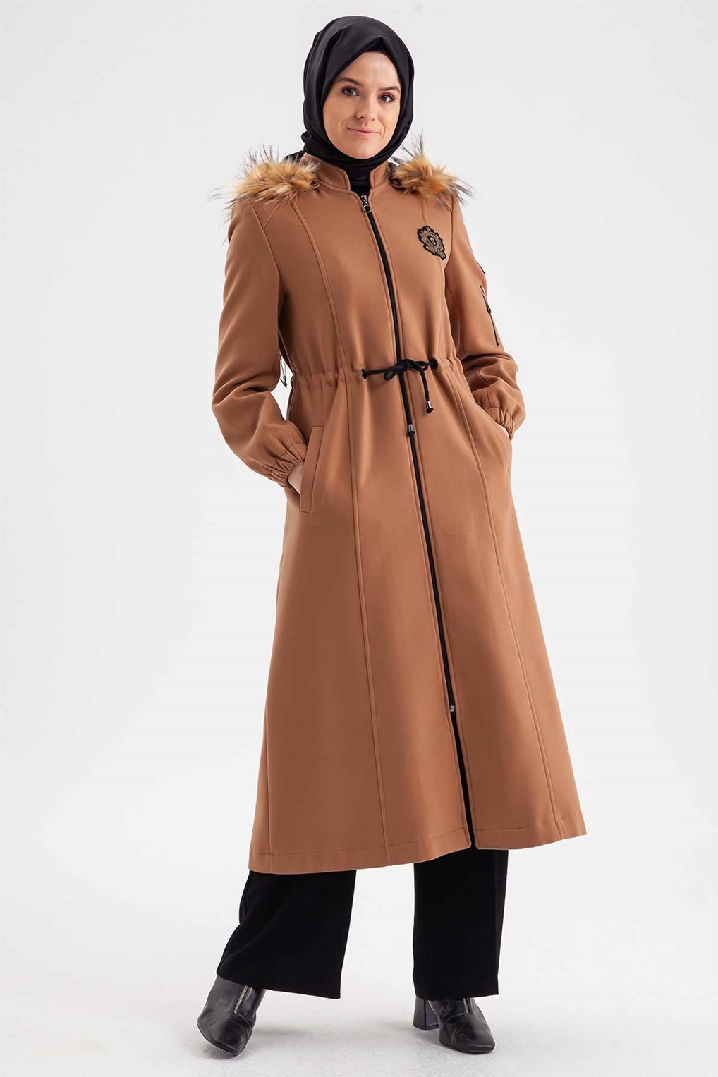 Sitare Kaşmir Kolu Fermuarlı Manto 21K2255- Camel