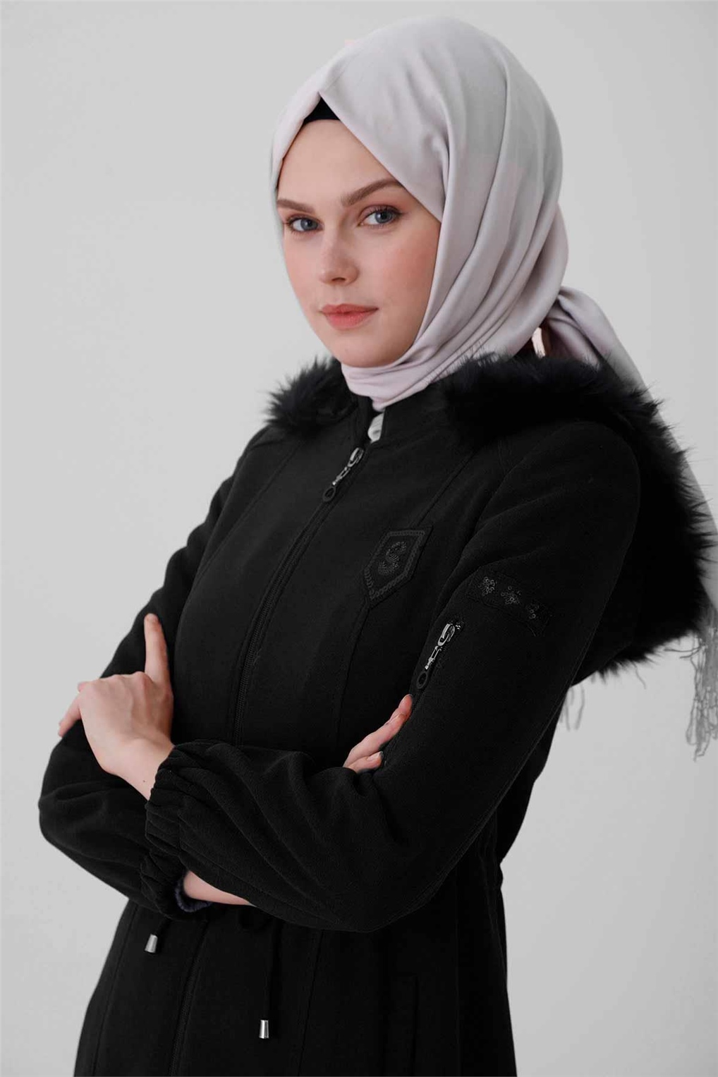 Sitare Kaşmir Kolu Fermuarlı Manto 21K2255- Siyah
