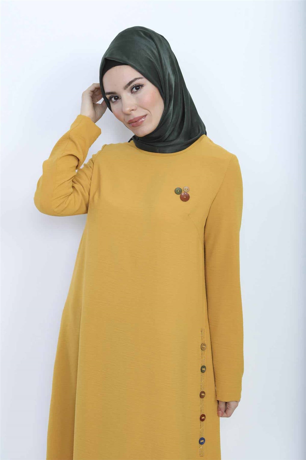 Sitare Kenarları Düğmeli Tunik 20Y421- Hardal